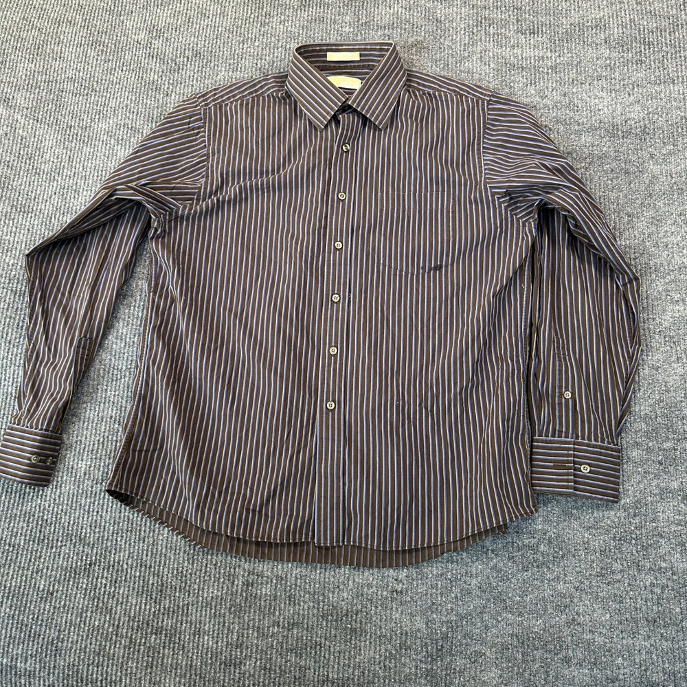Michael Kors Striped Button Down XL Brown Blue 100% Cotton Long Sleeve‎ Shirt